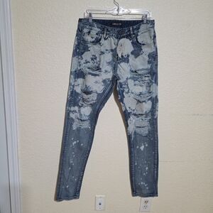 Embellish Men's Blue Distressed Bleach Splatter Jeans Slim Tapered Denim Sz 32